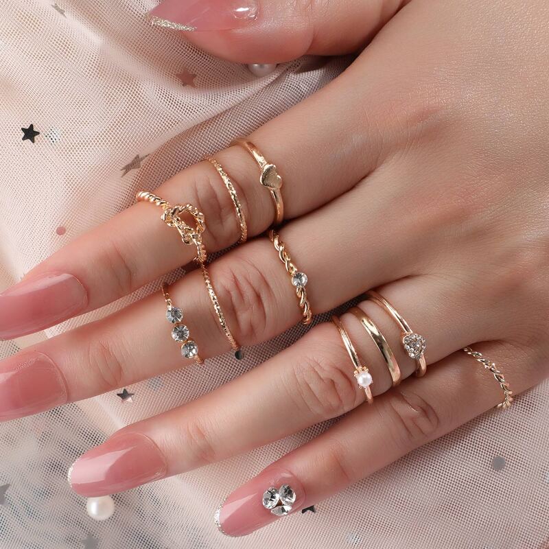

9pcs Rhinestone Twisted Ring, Gold