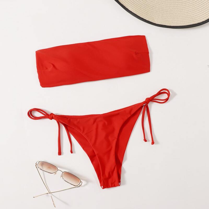 

Solid Bandeau Bikini Swimsuit, Red