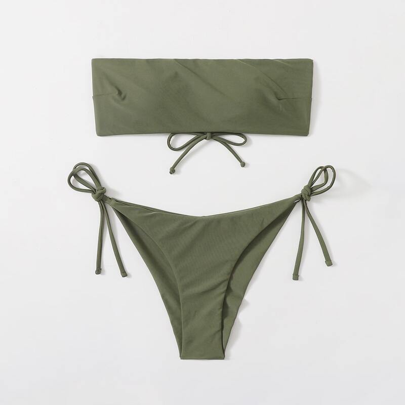 

Solid Bandeau Bikini Swimsuit, Army green
