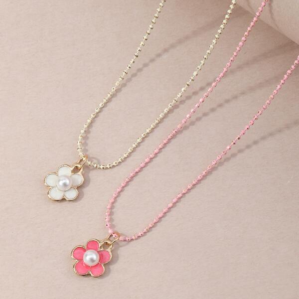 

2pcs Girls Flower Charm Necklace, Multicolor