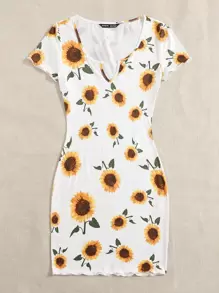Soleia Notch Neck Sunflower Print Dress - Multicolor - View 5