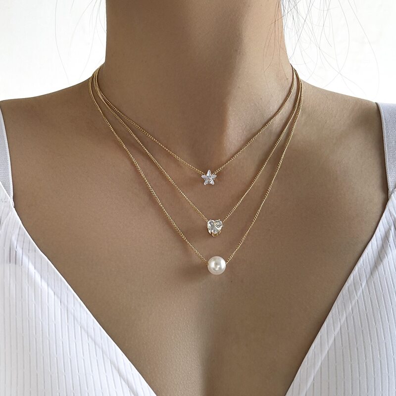 

Faux Pearl & Rhinestone Layered Necklace, Gold