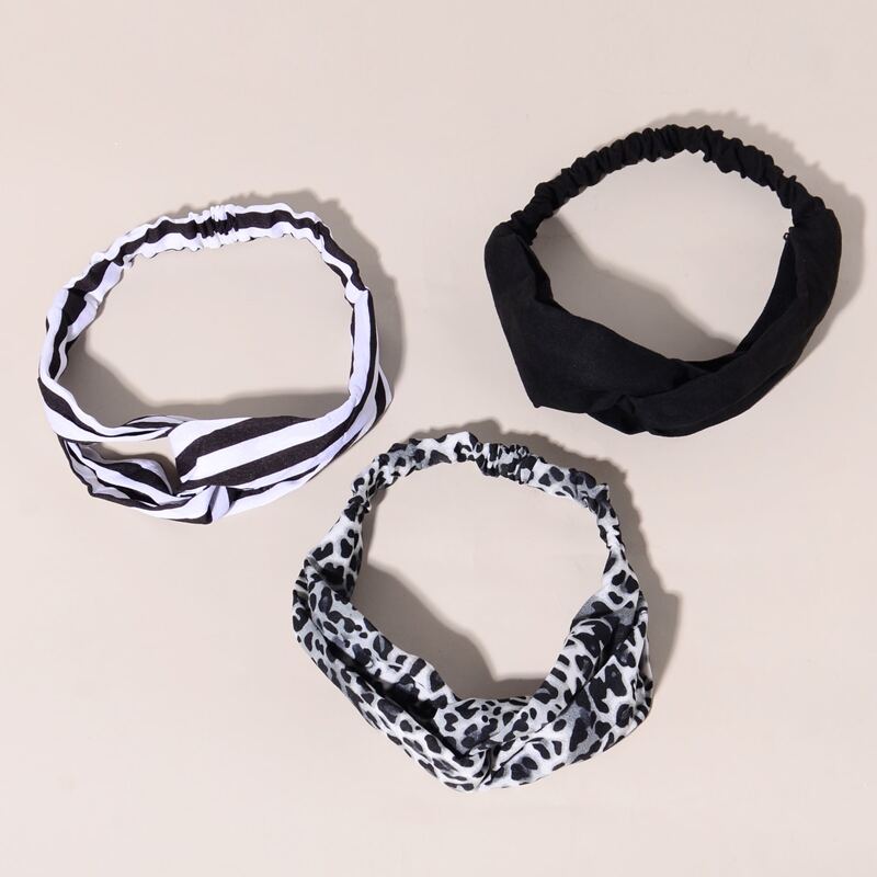 

3pcs Leopard & Striped Hair Band, Black and white
