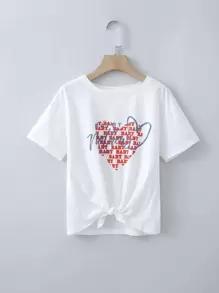 Camiseta Para Chica Con Letra Gráfica Y Nudo En El Dobladillo - Blanco - Ver 1