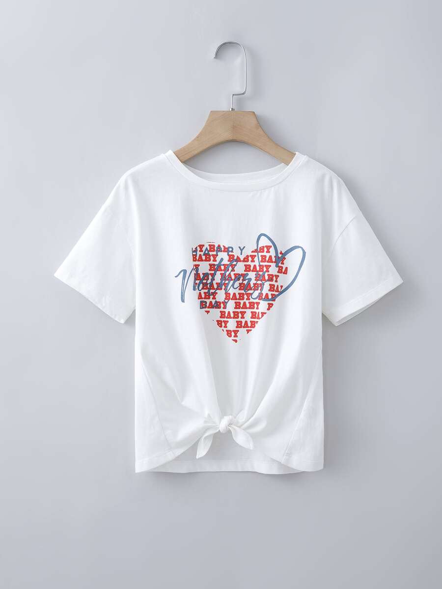 Camiseta Para Chica Con Letra Gráfica Y Nudo En El Dobladillo - Blanco - Ver 1