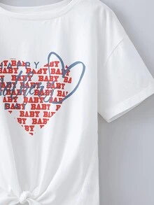 Camiseta Para Chica Con Letra Gráfica Y Nudo En El Dobladillo - Blanco - Ver 4