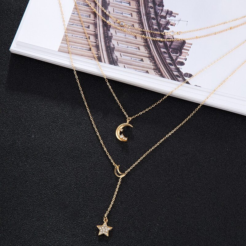 

Rhinestone Star & Moon Layered Necklace, Gold