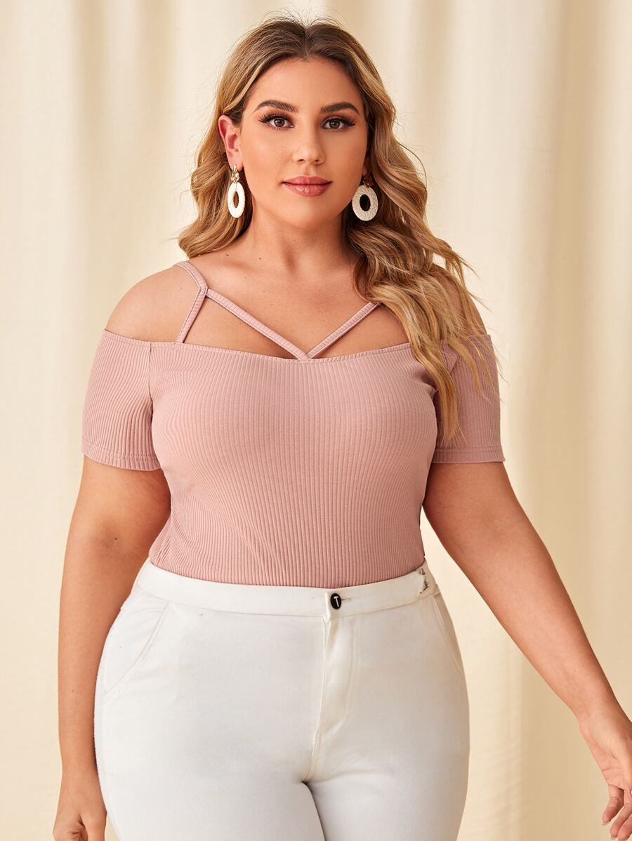SHEIN Privé Plus Cold Shoulder Strappy Neck Rib-knit Tee - Dusty Pink - View 1