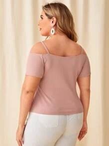 SHEIN Privé Plus Cold Shoulder Strappy Neck Rib-knit Tee - Dusty Pink - View 2