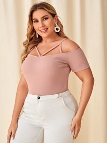 SHEIN Privé Plus Cold Shoulder Strappy Neck Rib-knit Tee - Dusty Pink - View 3