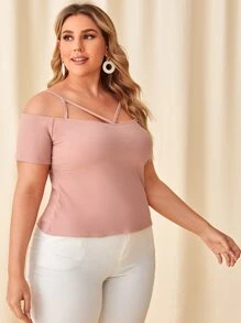 SHEIN Privé Plus Cold Shoulder Strappy Neck Rib-knit Tee - Dusty Pink - View 4