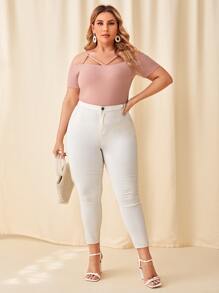 SHEIN Privé Plus Cold Shoulder Strappy Neck Rib-knit Tee - Dusty Pink - View 5