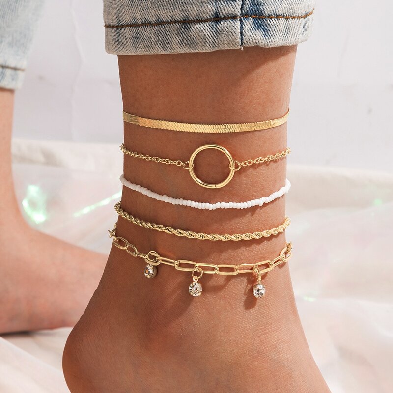 

5pcs Rhinestone & Ring Anklet, Gold
