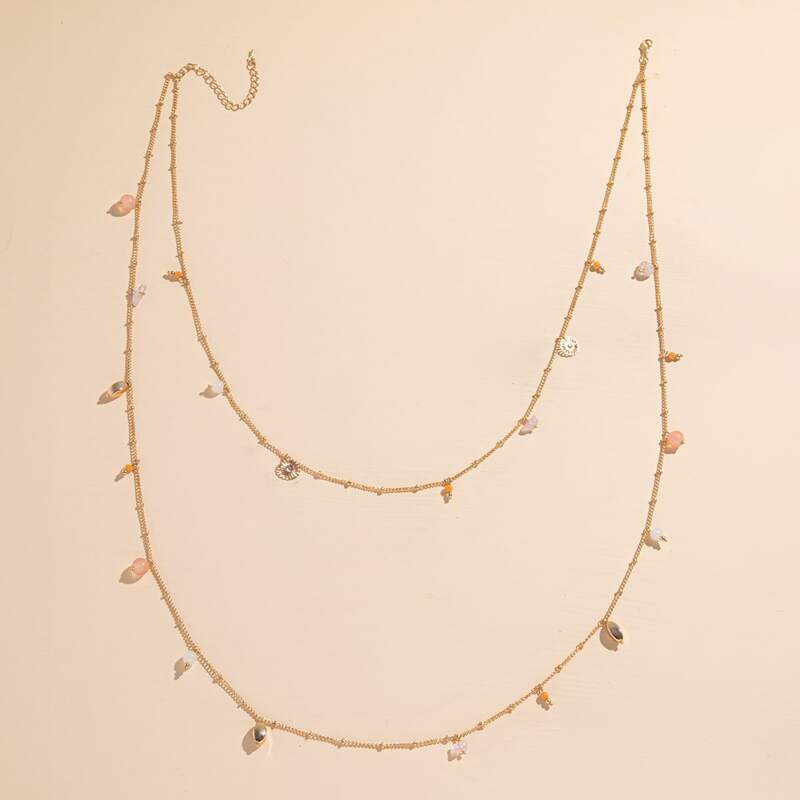 

Stone & Floral Layered Chain Necklace, Gold
