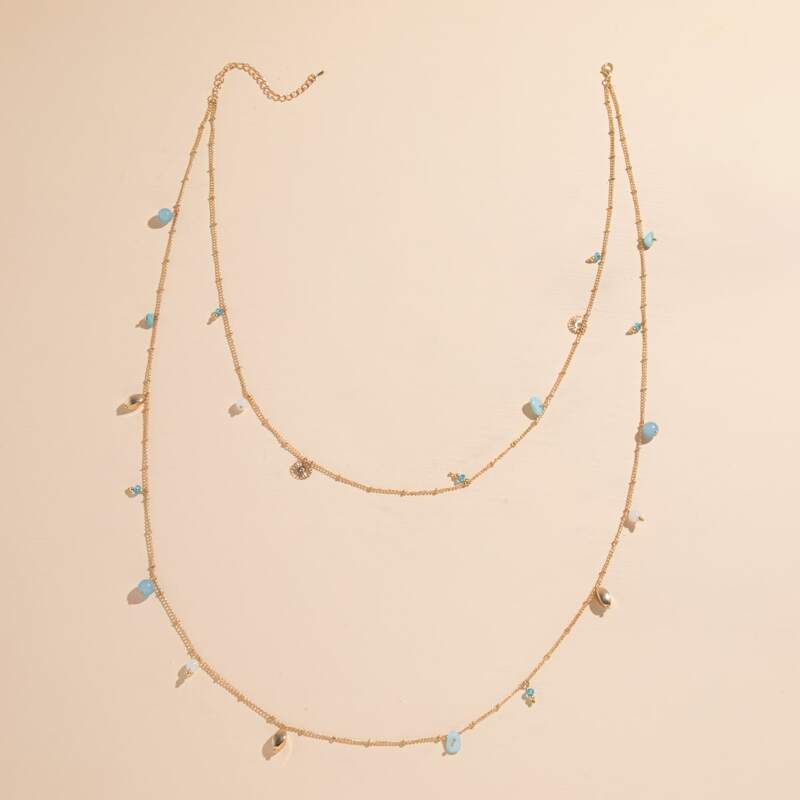 

Stone & Floral Layered Chain Necklace, Gold
