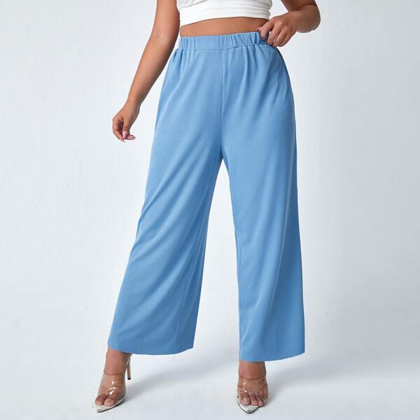 

Plus Elastic Waist Wide Leg Pants, Blue