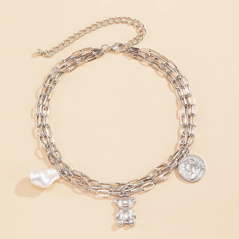 

Bear Layered Chain Necklace, Silver