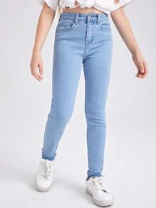 SHEIN Tween Girl Solid Pocket Detail Washed Jeans, School, Campus, College - Light Wash - View 3