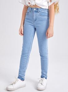 SHEIN Tween Girl Solid Pocket Detail Washed Jeans, School, Campus, College - Light Wash - View 4