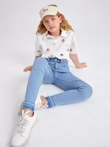 SHEIN Tween Girl Solid Pocket Detail Washed Jeans, School, Campus, College - Light Wash - View 5