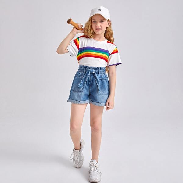 

Girls Solid Belted Paper Bag Waist Denim Shorts, Medium wash
