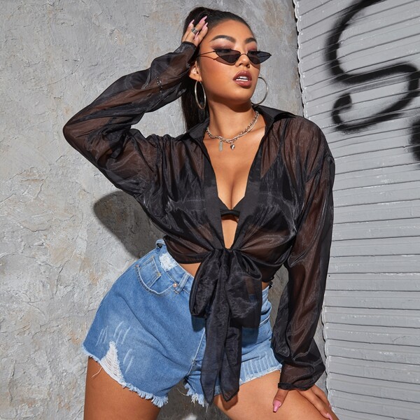 

Plus Knot Hem Sheer Mesh Top, Black