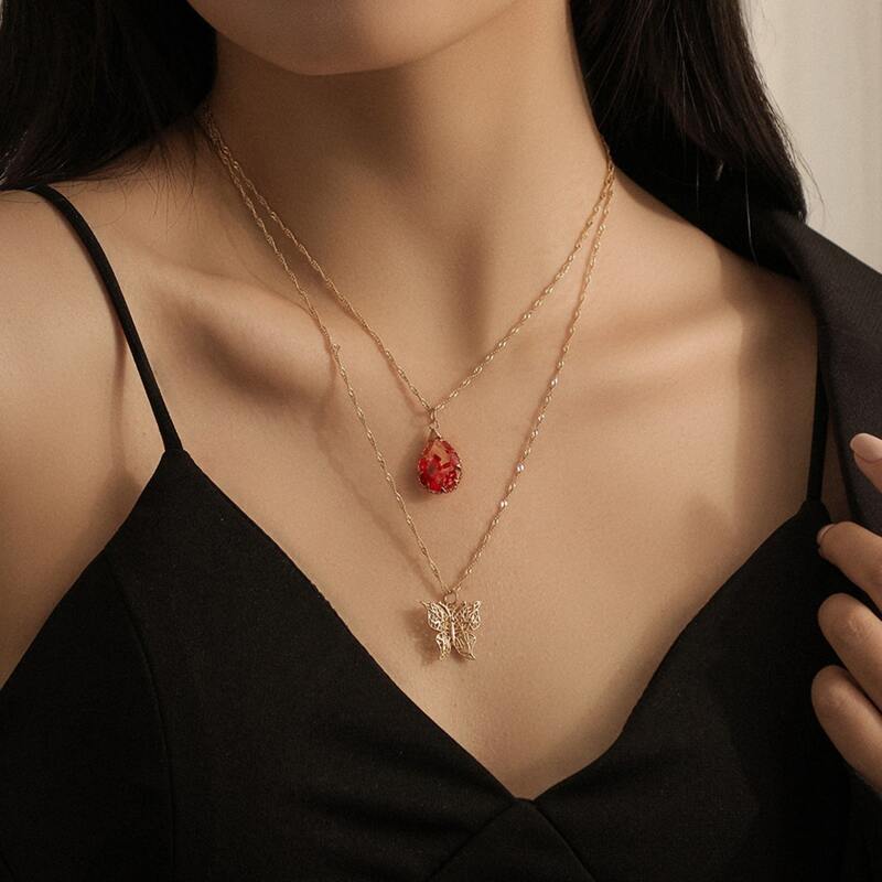 

Butterfly & Water Drop Layered Necklace, Gold