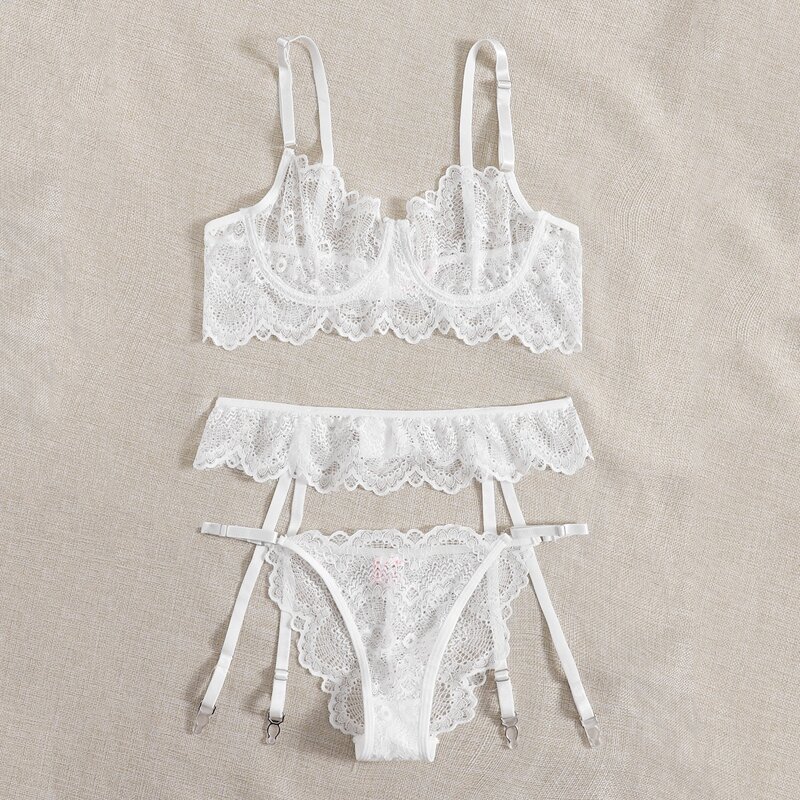 

3pack Lace Garter Lingerie Set, White