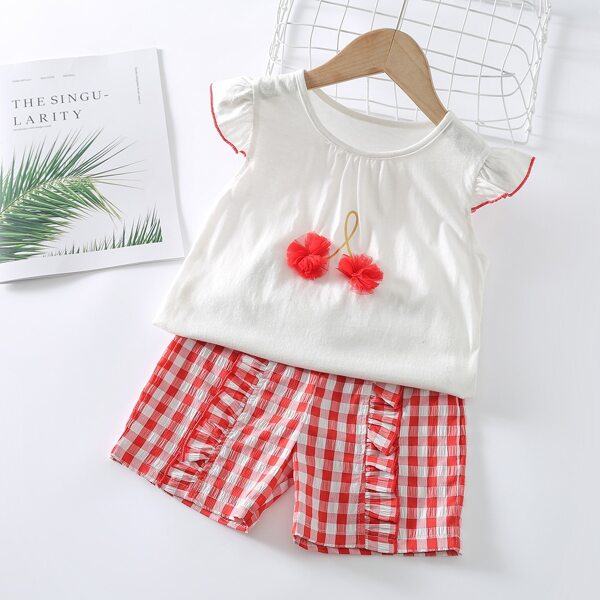 

Toddler Girls Appliques Ruffle Trim Tee & Gingham Shorts, Red and white
