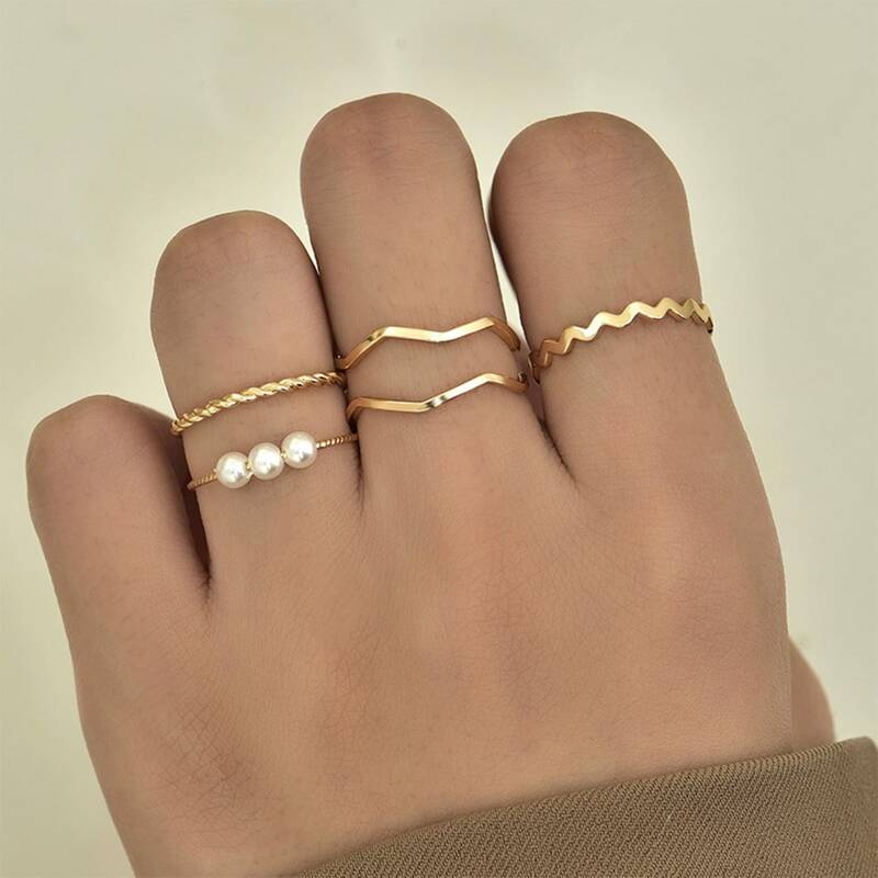 

5pcs Faux Pearl Scallop Ring, Gold