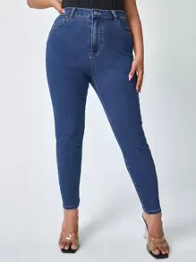 Plus High Waist Slant Pocket Skinny Jeans - Medium Wash - View 1