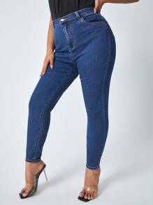 Plus High Waist Slant Pocket Skinny Jeans - Medium Wash - View 3