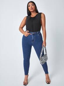 Plus High Waist Slant Pocket Skinny Jeans - Medium Wash - View 4