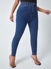 Plus High Waist Slant Pocket Skinny Jeans - Medium Wash - View 5