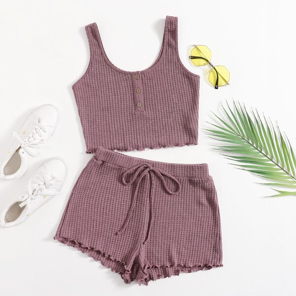 

Button Front Waffle Knit Tank Top & Lettuce Trim Shorts Set, Redwood