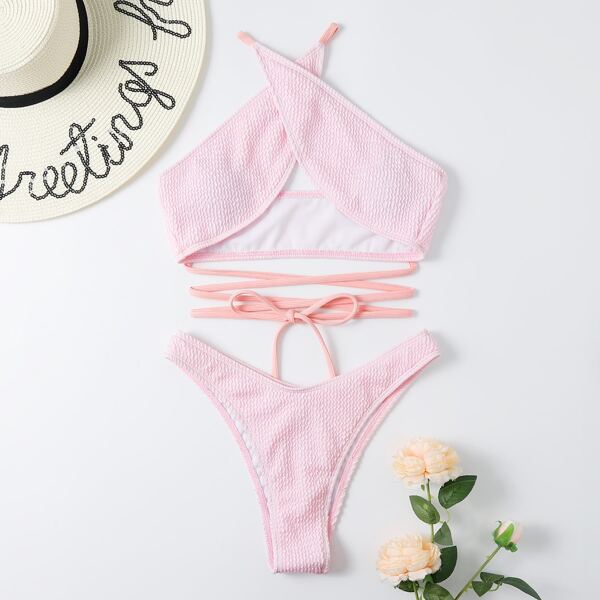 

Textured Crisscross High Cut Bikini Swimsuit, Pink