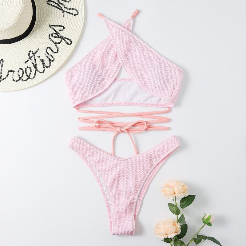 

Textured Crisscross High Cut Bikini Swimsuit, Pink
