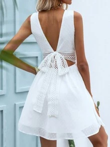 SHEIN Frenchy Swiss Dot Lace Insert A-line Dress - White - View 2