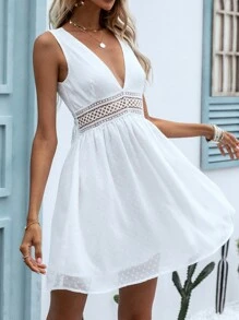 SHEIN Frenchy Swiss Dot Lace Insert A-line Dress - White - View 4