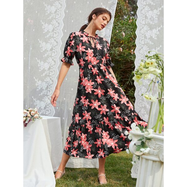 

Floral Ruffle Neck Tie Front Dress, Multicolor