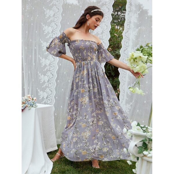 

Off-shoulder Floral Print Shirred Maxi Dress, Multicolor