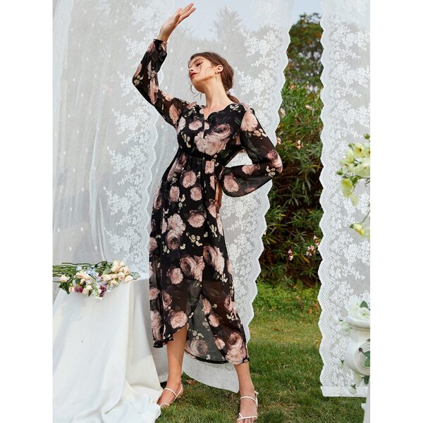 

Floral Print Surplice Neck Bishop Sleeve Dress, Multicolor