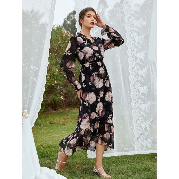 

Allover Floral Frill Trim Notched Neck Dress, Multicolor