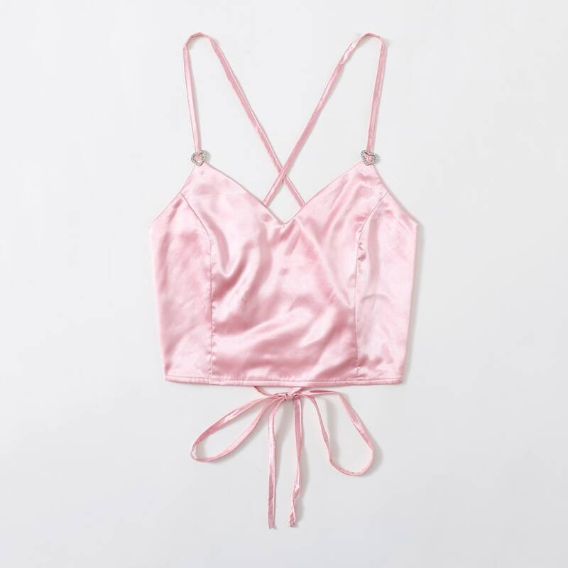 

Satin Lace Up Rhinestone Cami, Baby pink