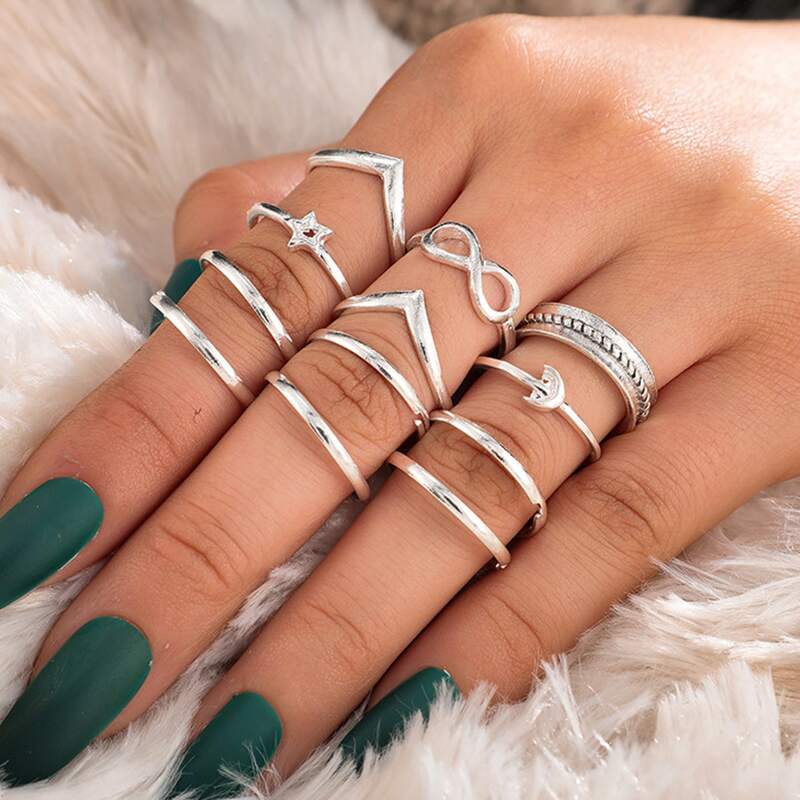 

12pcs Star & Moon Ring, Silver