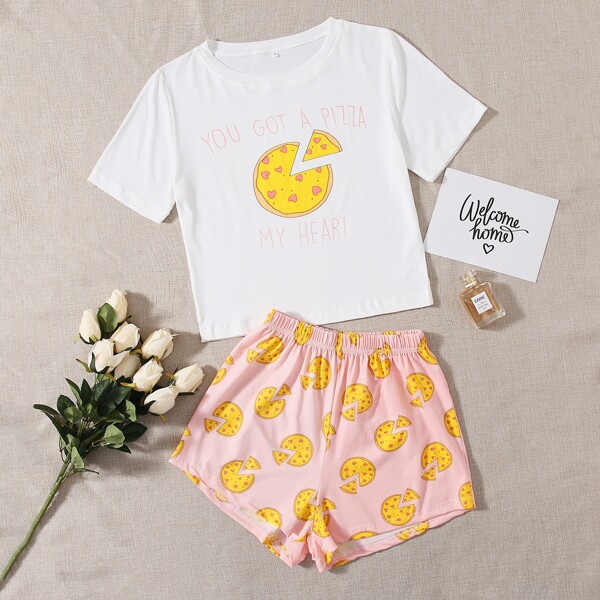 

Slogan And Cartoon Graphic Pajama Set, Multicolor
