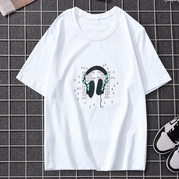 

Men Headset & Letter Graphic Tee, White