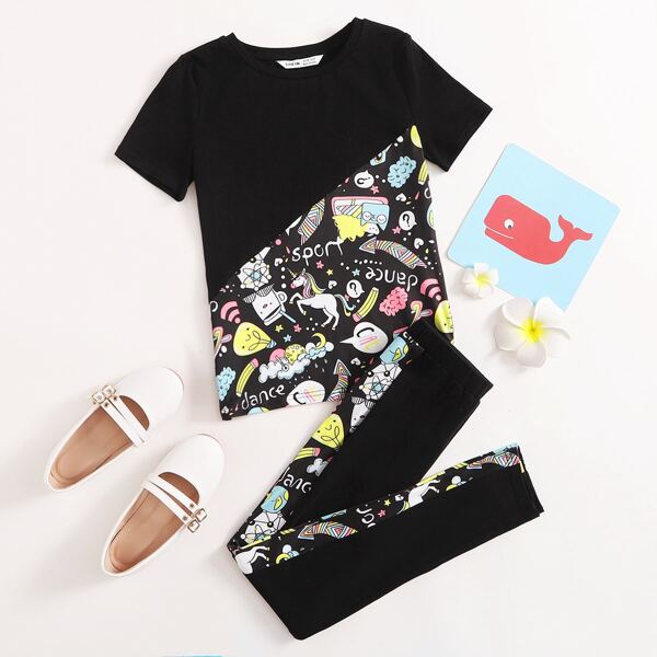 

Girls Cartoon Graphic Tee & Leggings Set, Multicolor