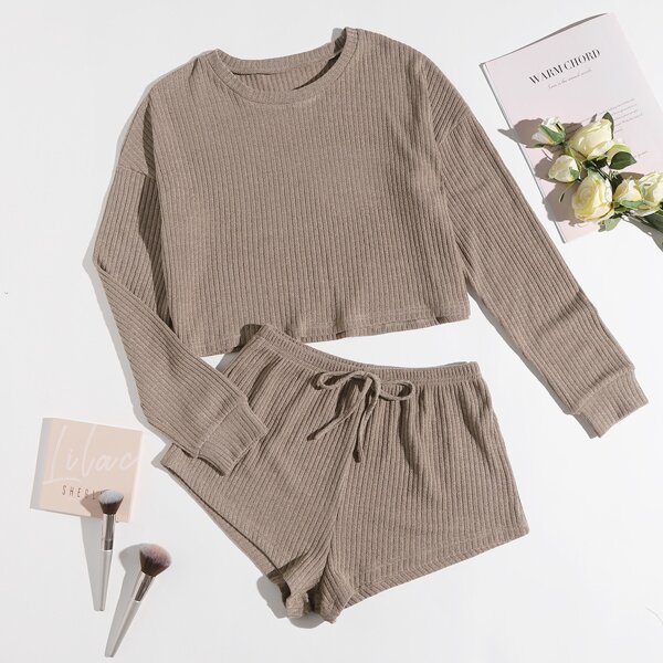

Rib-knit Drop Shoulder Lounge Set, Mocha brown