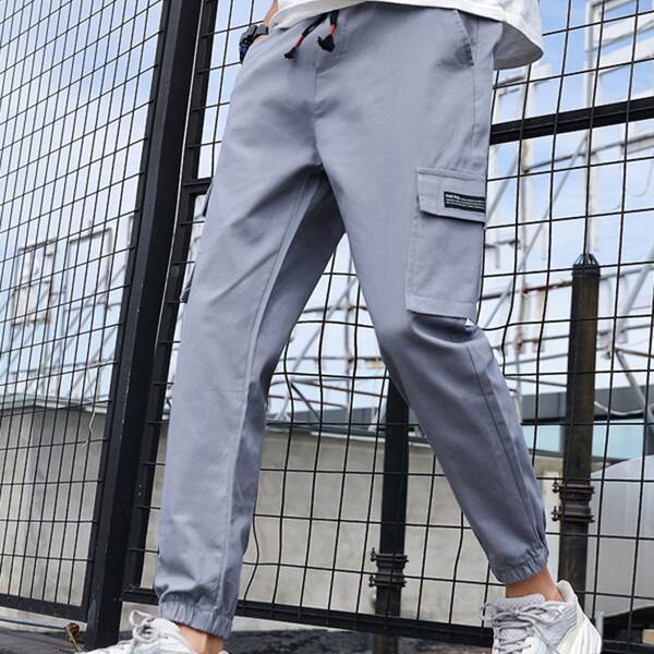 

Men Flap Pockets Drawstring Cargo Pants, Light grey